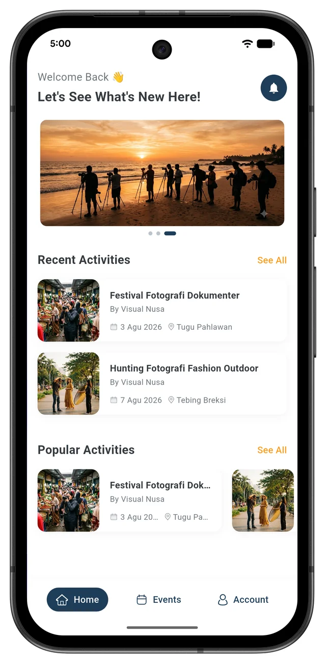 Vzual app home screen showing upcoming photography and videography events